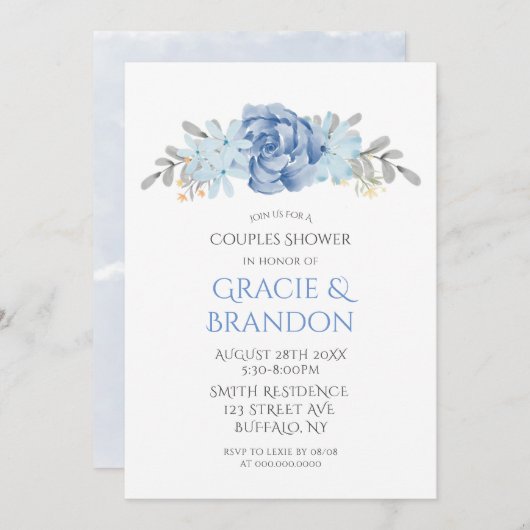 ほこりっぽい青い水の色牡丹カップルのシャワー招待状 (正面/裏面)
