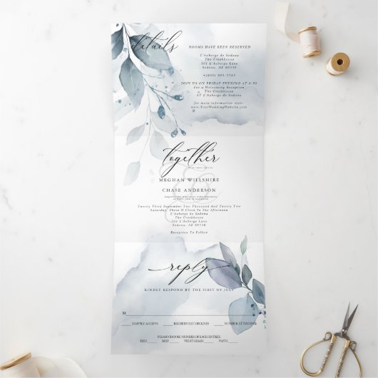 ほこりっぽい青い水の色結婚が 三つ折り招待状 (内部)