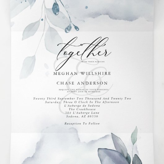 ほこりっぽい青い水の色結婚が 三つ折り招待状 (内部中)