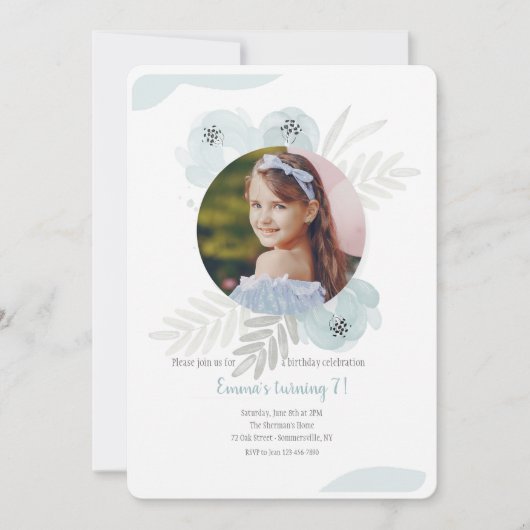 ほこりっぽい青い水彩の写真 招待状 (正面)