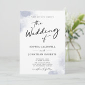 ほこりっぽい青い水彩書道QRコード結婚ズ 招待状 (スタンド正面)