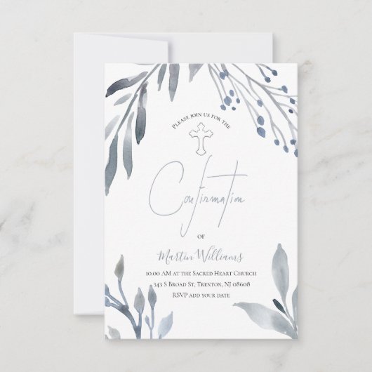 ほこりっぽい青い水彩画の葉の確認 招待状 (正面)