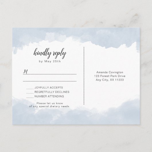 ほこりっぽい青い水彩結婚式の出欠はがき インビテーションポストカード (裏面)