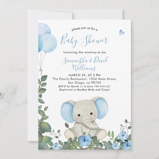 ほこりっぽい青い水色かわいい象の赤ちゃんシャワー 招待状 (正面)