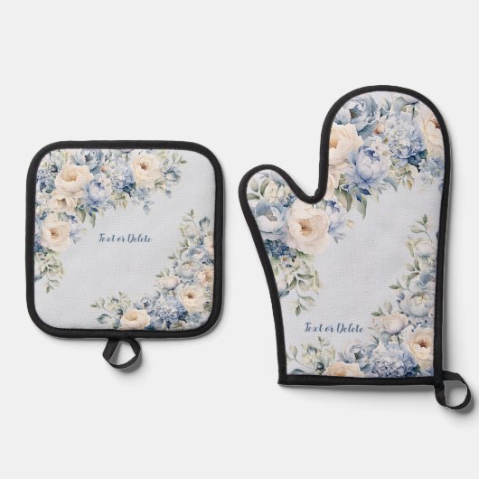 ほこりっぽい青い水色のアイボリーの離れ花の素朴 鍋つかみ&鍋敷きセット (正面)