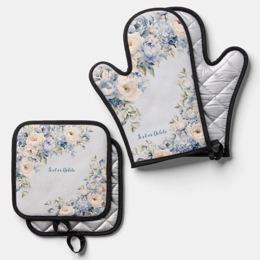 ほこりっぽい青い水色のアイボリーの離れ花の素朴 鍋つかみ&鍋敷きセット (正面/裏面)