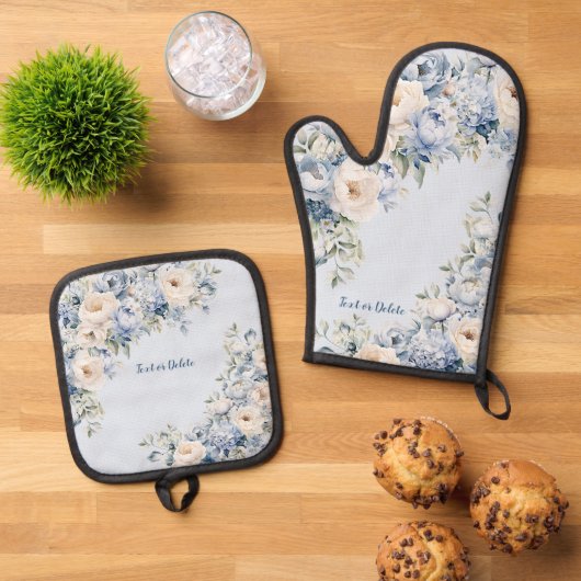 ほこりっぽい青い水色のアイボリーの離れ花の素朴 鍋つかみ&鍋敷きセット (トップダウン)