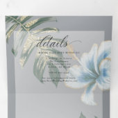 ほこりっぽい青い水色のハイビスカス結婚の葉 三つ折り招待状 (内部最初)