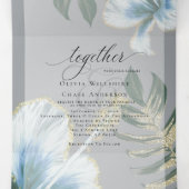 ほこりっぽい青い水色のハイビスカス結婚の葉 三つ折り招待状 (内部中)