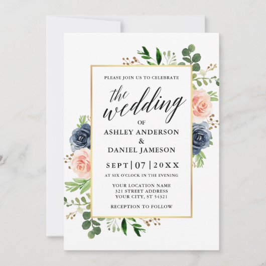 ほこりっぽい青い水色のバラ書結婚の 招待状 (正面)