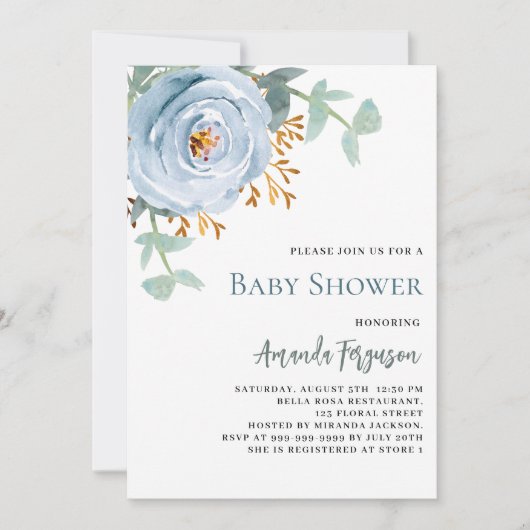 ほこりっぽい青い水色のフローラの赤ちゃんシャワー 招待状 (正面)