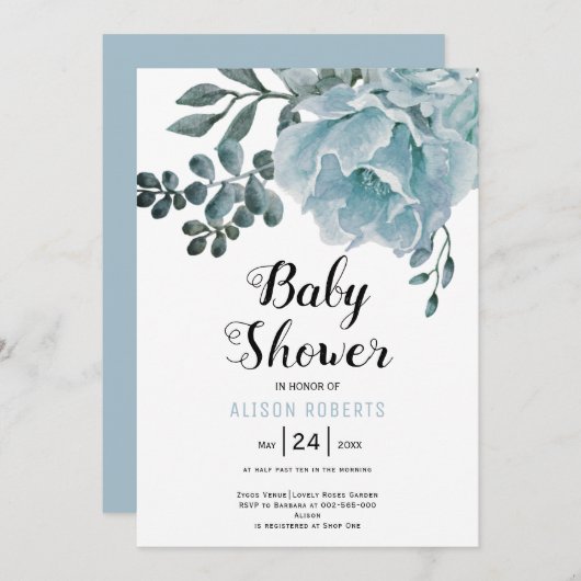 ほこりっぽい青い水色のフローラ男の子のシャワー 招待状 (正面/裏面)