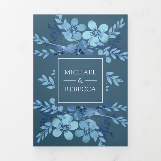 ほこりっぽい青い水色のフローラ結婚すべて 三つ折り招待状 (カバー)