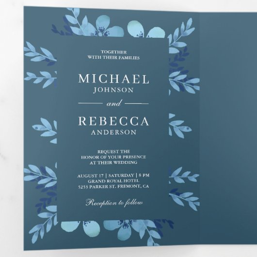 ほこりっぽい青い水色のフローラ結婚すべて 三つ折り招待状 (内部最初)