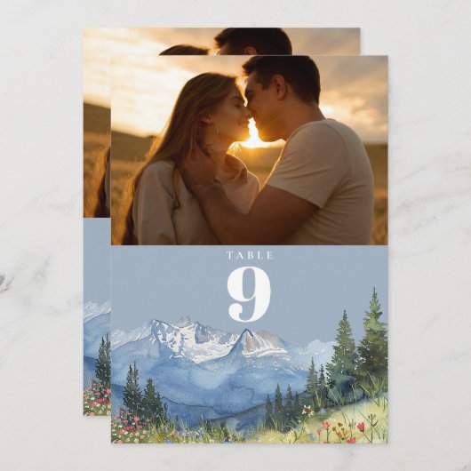 ほこりっぽい青い水色の山の写真テーブル番号 招待状 (正面/裏面)