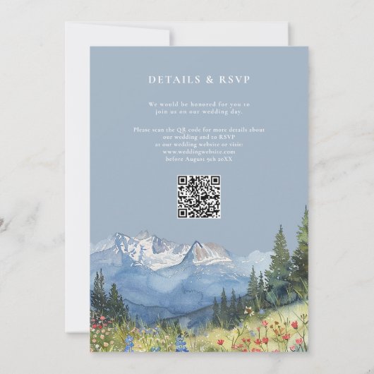 ほこりっぽい青い水色の山QRコード結婚ズ 招待状 (裏面)
