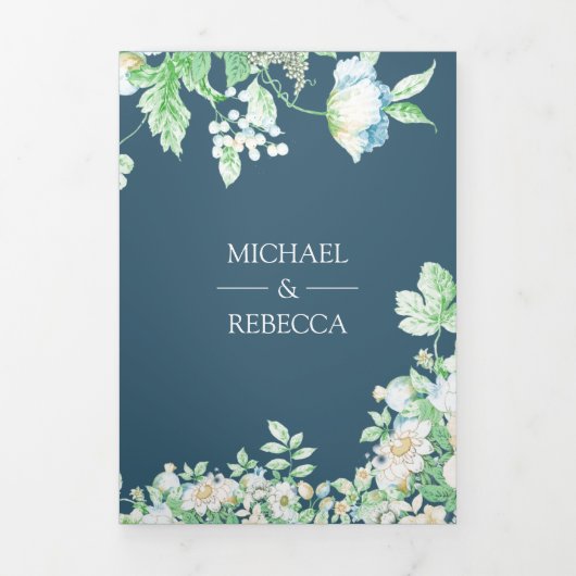 ほこりっぽい青い水色の植物性の結婚葉 三つ折り招待状 (カバー)