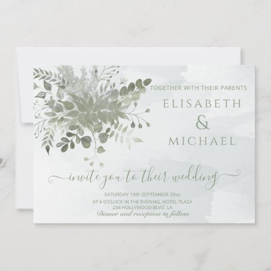 ほこりっぽい青い水色の緑のユーカリ 招待状 (正面)