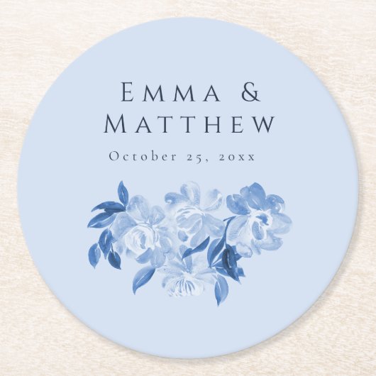 ほこりっぽい青い水色の花の牡丹ブーケ ラウンドペーパーコースター (正面)