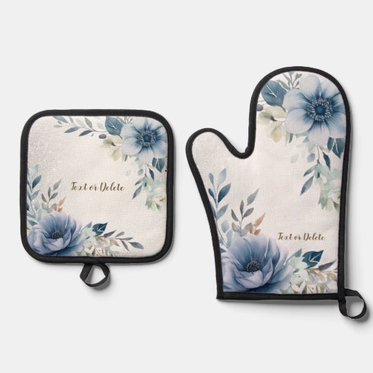 ほこりっぽい青い水色の花シルバーエレガント 鍋つかみ&鍋敷きセット (正面)