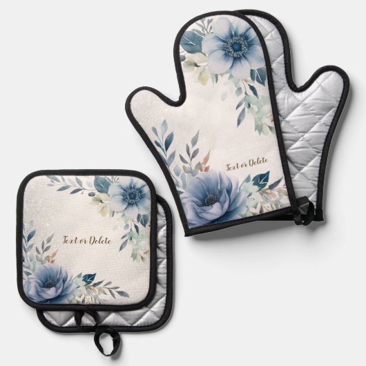 ほこりっぽい青い水色の花シルバーエレガント 鍋つかみ&鍋敷きセット (正面/裏面)