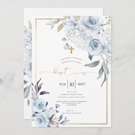 ほこりっぽい青い水色の花バプテスマ 招待状 (正面/裏面)