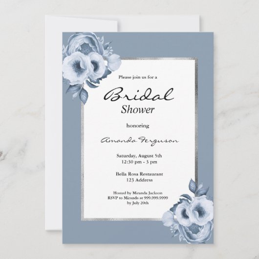 ほこりっぽい青い水色の花模様ブライダルシャワー 招待状 (正面)