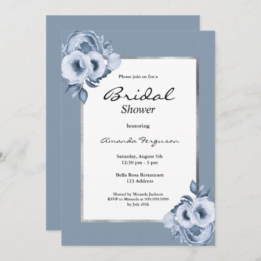 ほこりっぽい青い水色の花模様ブライダルシャワー 招待状 (正面/裏面)
