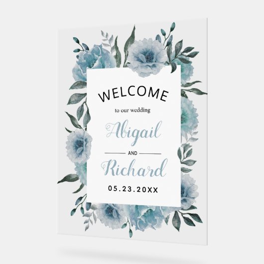 ほこりっぽい青い水色の花結婚の歓迎 アクリルサイン (傾斜)