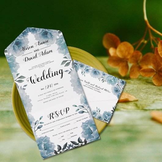 ほこりっぽい青い水色の花結婚フローラ オールインワン招待状
