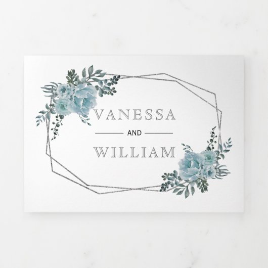 ほこりっぽい青い水色の花結婚銀色 三つ折り招待状 (カバー)