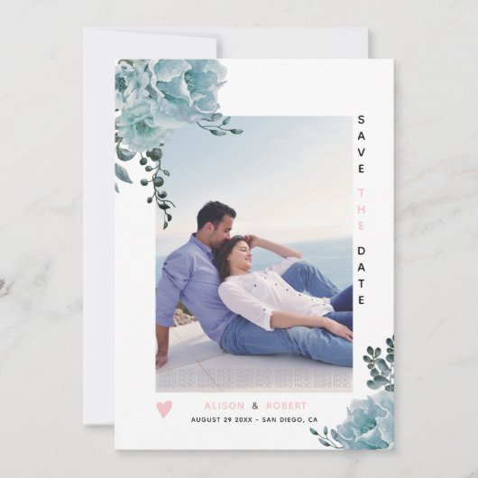 ほこりっぽい青い水色の花赤面ピンクと写真 セーブザデート (正面)