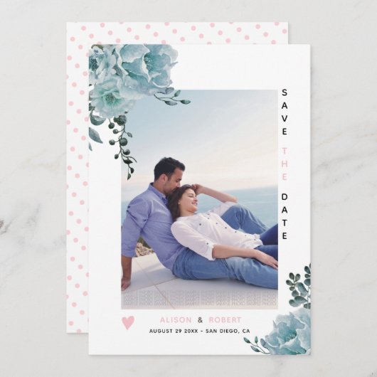 ほこりっぽい青い水色の花赤面ピンクと写真 セーブザデート (正面/裏面)