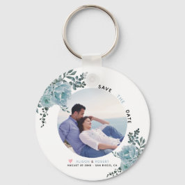 ほこりっぽい青い水色の花、緑の葉写真 キーホルダー