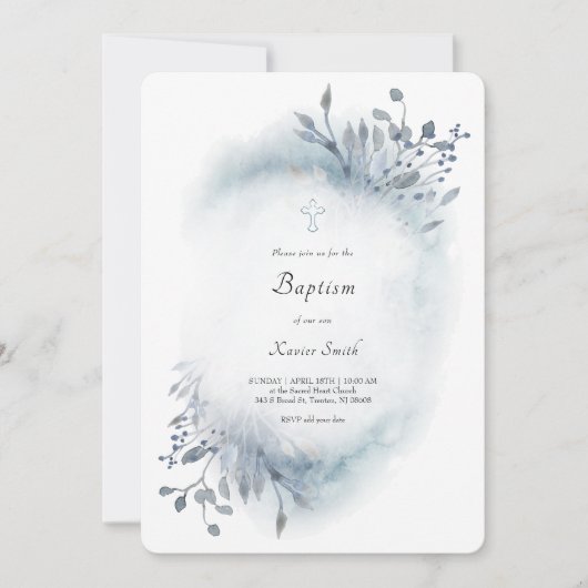 ほこりっぽい青い水色バプテスマ男の赤ちゃん 招待状 (正面)