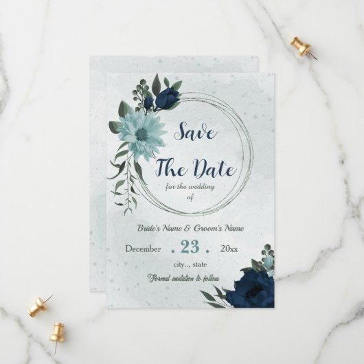 ほこりっぽい青い海軍の花の植物学 セーブザデート (正面/裏面インサイチュ)