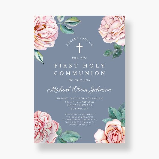 ほこりっぽい青い牡丹の宗教少年の最初の聖餐式 招待状