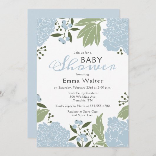 ほこりっぽい青い牡丹の赤ちゃんシャワー 招待状 (正面/裏面)