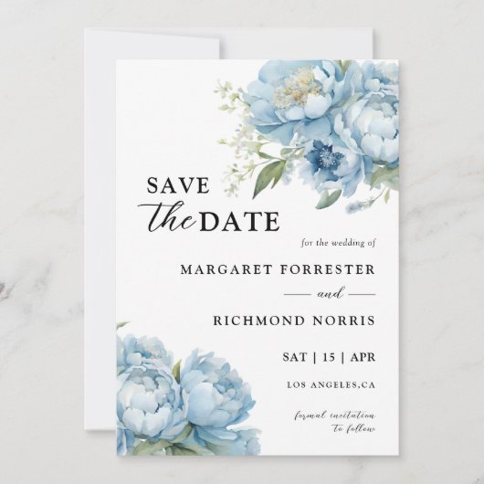 ほこりっぽい青い牡丹エレガントな結婚式の日付を保存 招待状 (正面)