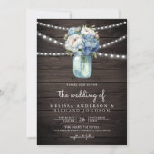 ほこりっぽい青い牡丹メイソンジャーQRコードウッド結婚ズ 招待状 (正面)