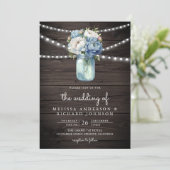 ほこりっぽい青い牡丹メイソンジャーQRコードウッド結婚ズ 招待状 (スタンド正面)