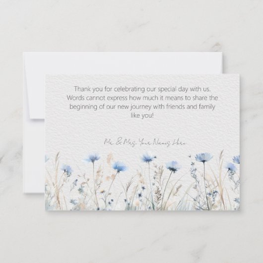 ほこりっぽい青い牧草地モダン野結婚花 サンキューカード (裏面)