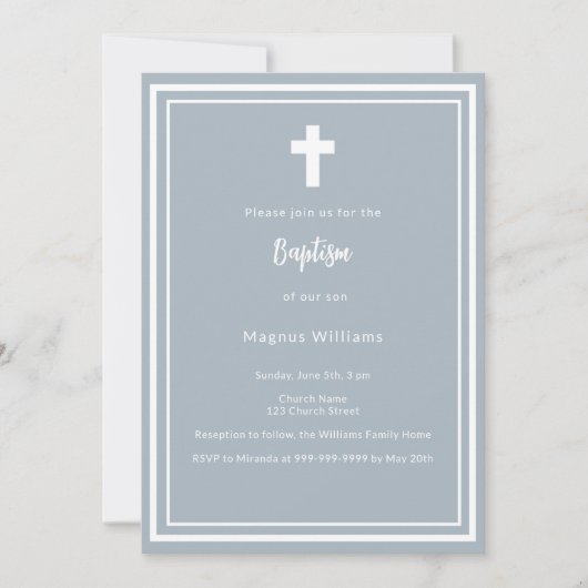 ほこりっぽい青い男の子バプテスマ 招待状 (正面)