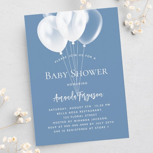 ほこりっぽい青い白いバルーン男の子高級ベビーシャワー 招待状
