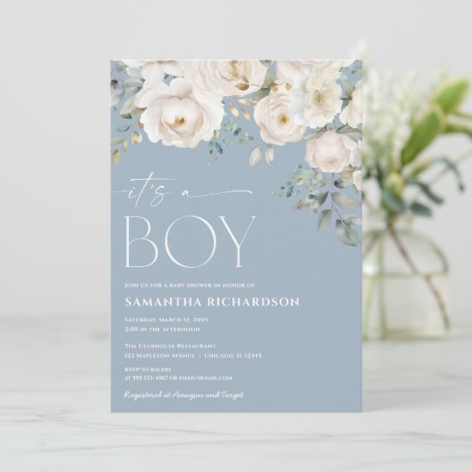 ほこりっぽい青い白いフローラだエレガント 招待状 (スタンド正面)