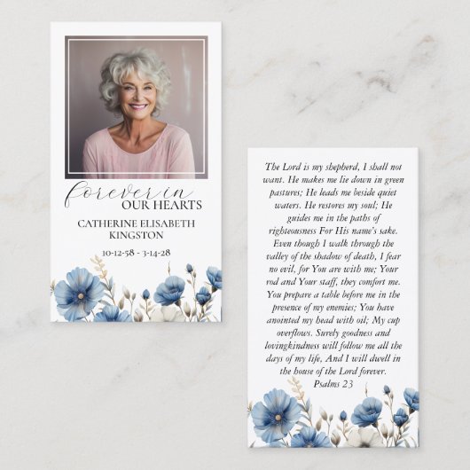 ほこりっぽい青い白いフローラ写真記念祈りの言葉カード 名刺 (正面/裏面)