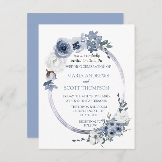 ほこりっぽい青い白いフローラ楕円フレ結婚ーム 招待状 (正面/裏面)
