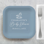 ほこりっぽい青い白いロッキングホース赤ちゃんシャワー ペーパープレート