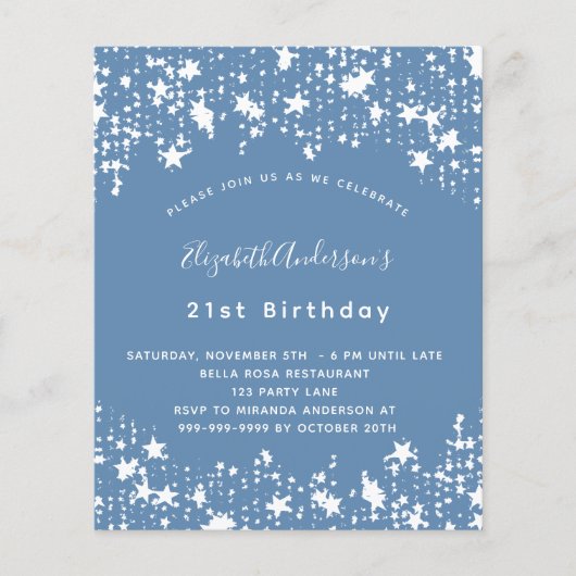 ほこりっぽい青い白い星の予算の誕生日の招待 チラシ (正面)