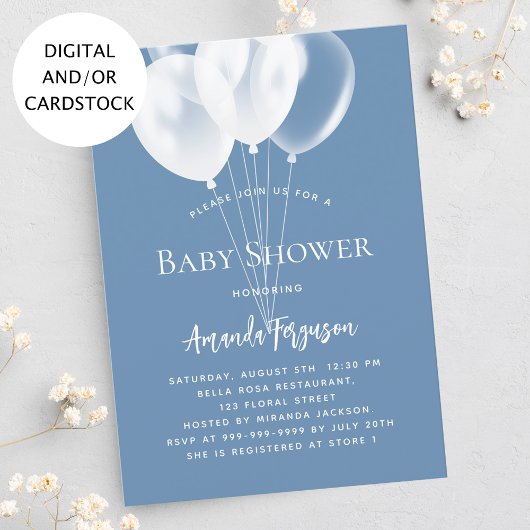 ほこりっぽい青い白い気球の男の子のシャワー 招待状